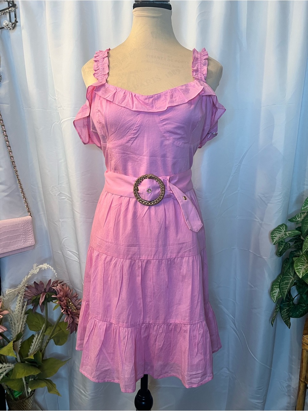 Show Me Your MuMu Jolene Pink Lemonade Ruffle Midi Dress with Buckle Belt - Picture 3 of 16